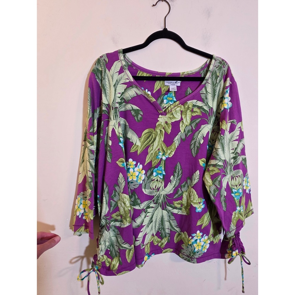 Caribbean Joe Woman Tropical Palm Floral Purple 3/4 Sleeve Cinch Side Top 3X NEW